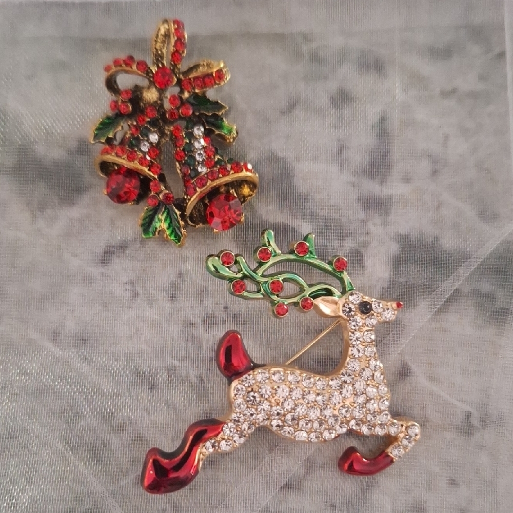 Festive Reindeer and Bell Brooch Set